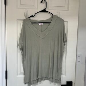 Pink Lily V-Neck Short Sleeve Top in Sage